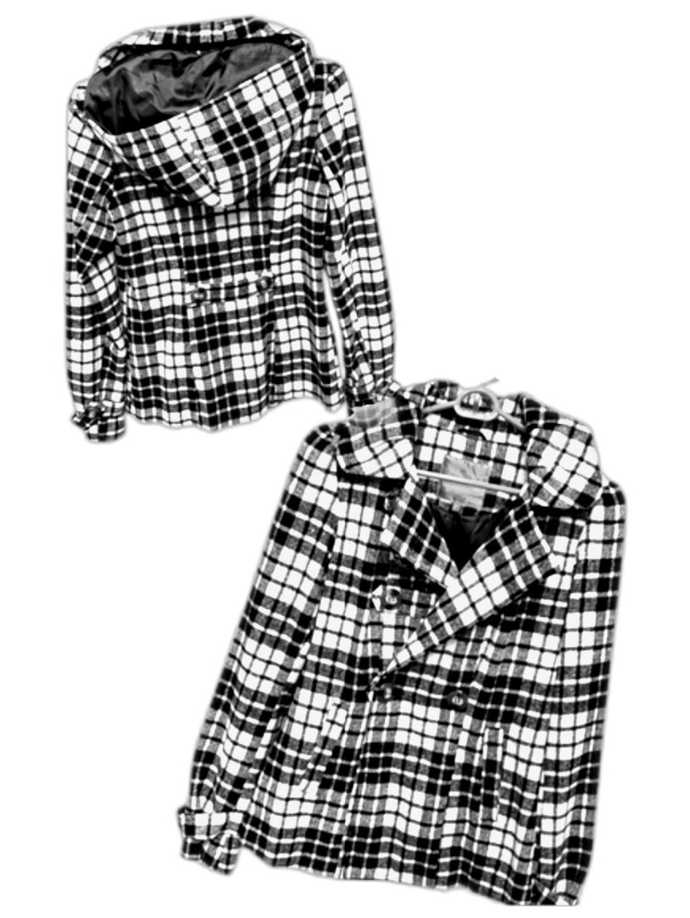 Pink Envelope Black/White Plaid Hooded Double-Breasted Wool-blend Jacket Pckt SM